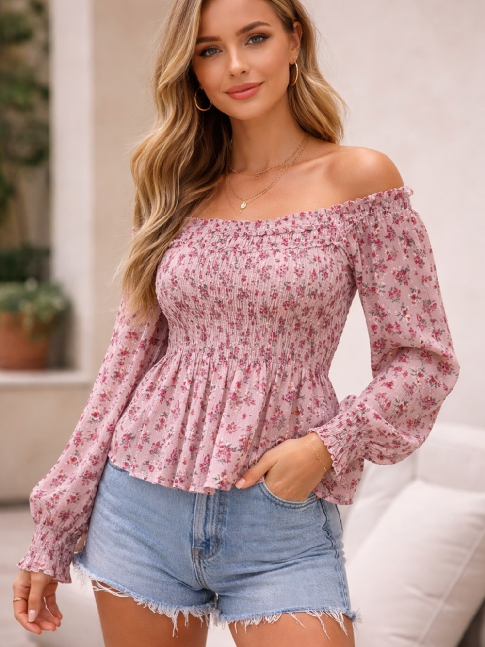 Floral Off-Shoulder Smocked Peplum Blouse in Dusty Pink